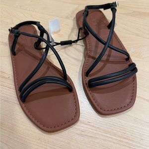 LOFT Black Strappy Tan Footbed Flat Sandals